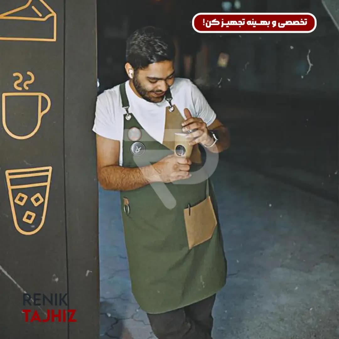 اپرون باریستا کتان سبز و جیر قهوه ای Renik — تصویر ۳