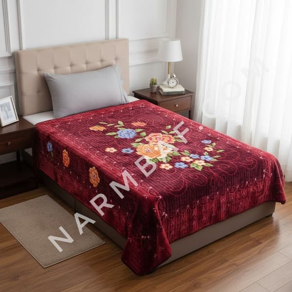 پتو یک نفره گلدار برجسته نرمینه مدل نسیم (زرشکی گل)