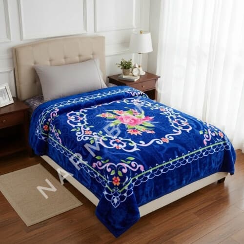 پتو یک نفره گلدار برجسته نرمینه مدل نسیم (ابی تیره)