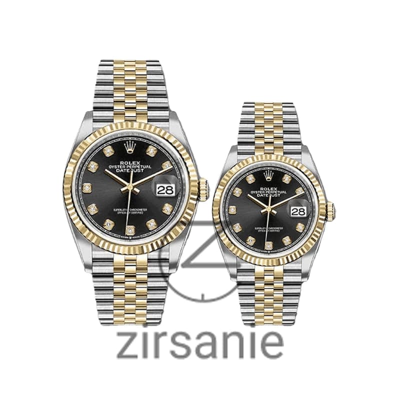 ساعت مچی رولکس دیت جاست سیلور طلایی صفحه مشکی اندکس نگین (ست) Rolex Datejust Silver Golden Black Screen Diamond Index