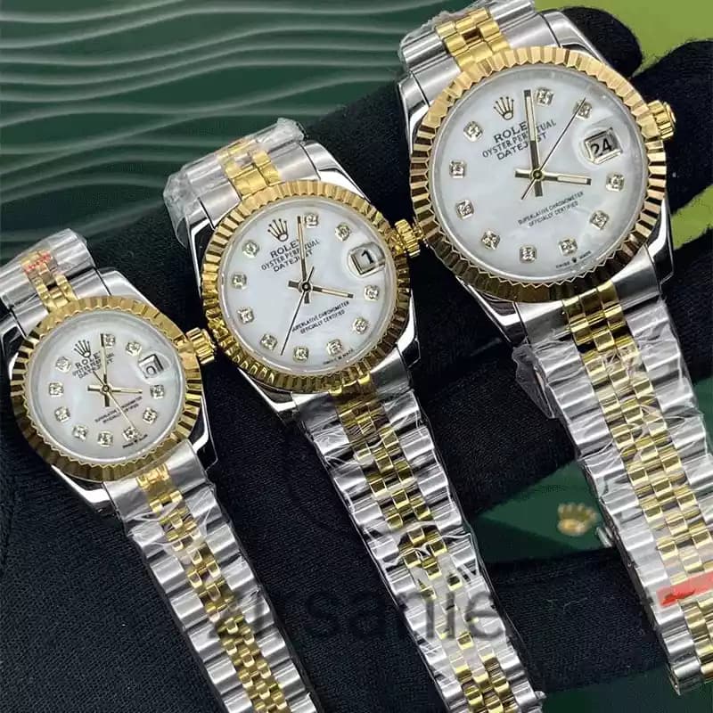 ساعت مچی رولکس دیت جاست دو رنگ سیلور طلایی صفحه صدف اندکس نگین (ست) Rolex Datejust Silver Golden Pearl Screen Diamond Index — تصویر ۶