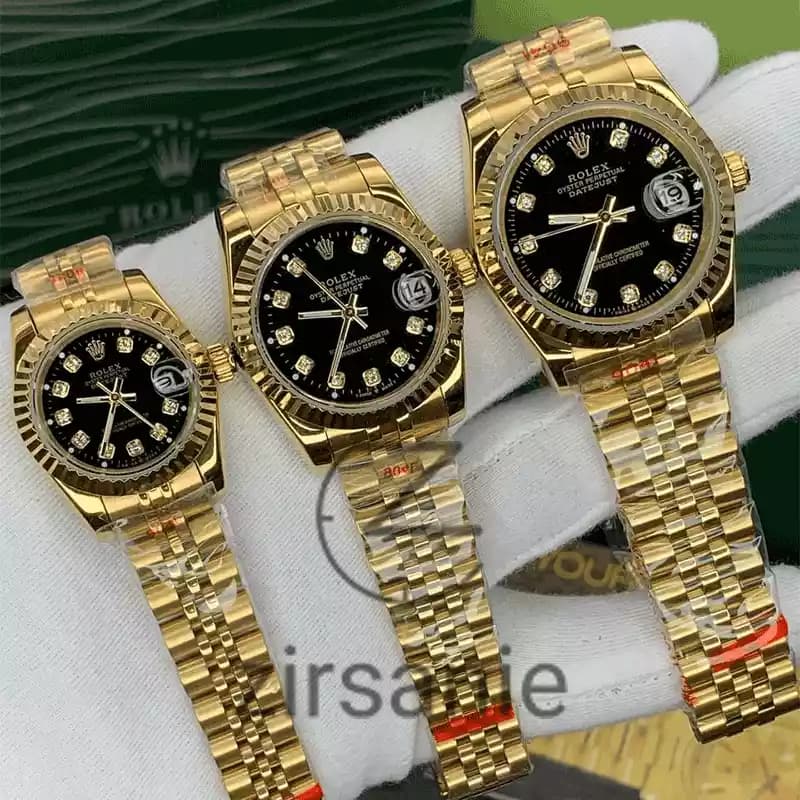 ساعت مچی رولکس دیت جاست طلایی صفحه مشکی اندکس نگین (ست) Rolex Datejust Golden Black Screen Diaomnd Index — تصویر ۴