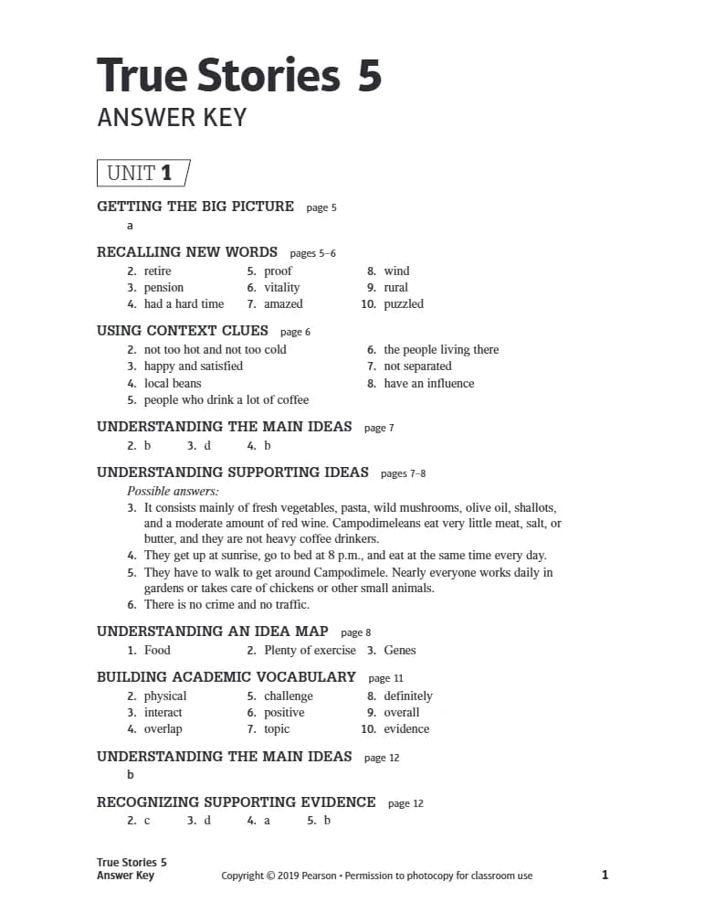 کتاب True Stories Silver Edition 5 Answer Key (کلید پاسخ True Stories Silver Edition 5) نسخه انگلیسی PDF