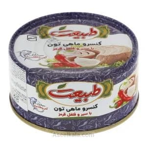 کنسرو ماهی تون طبیعت Tabiat در روغن سیر و فلفل قرمز وزن 180 گرم