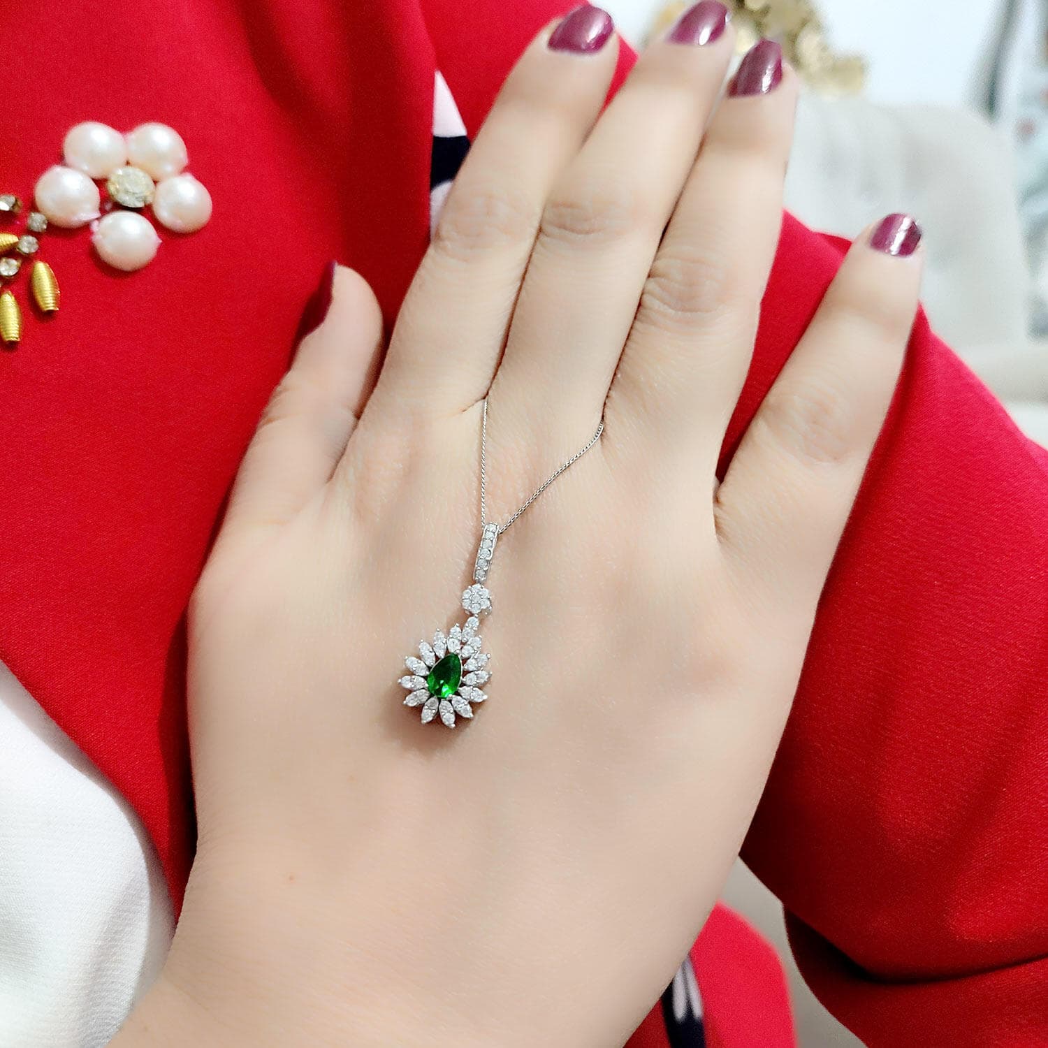 گردنبند نقره جواهری زنانه نگین سبز ma-n801 — تصویر ۲