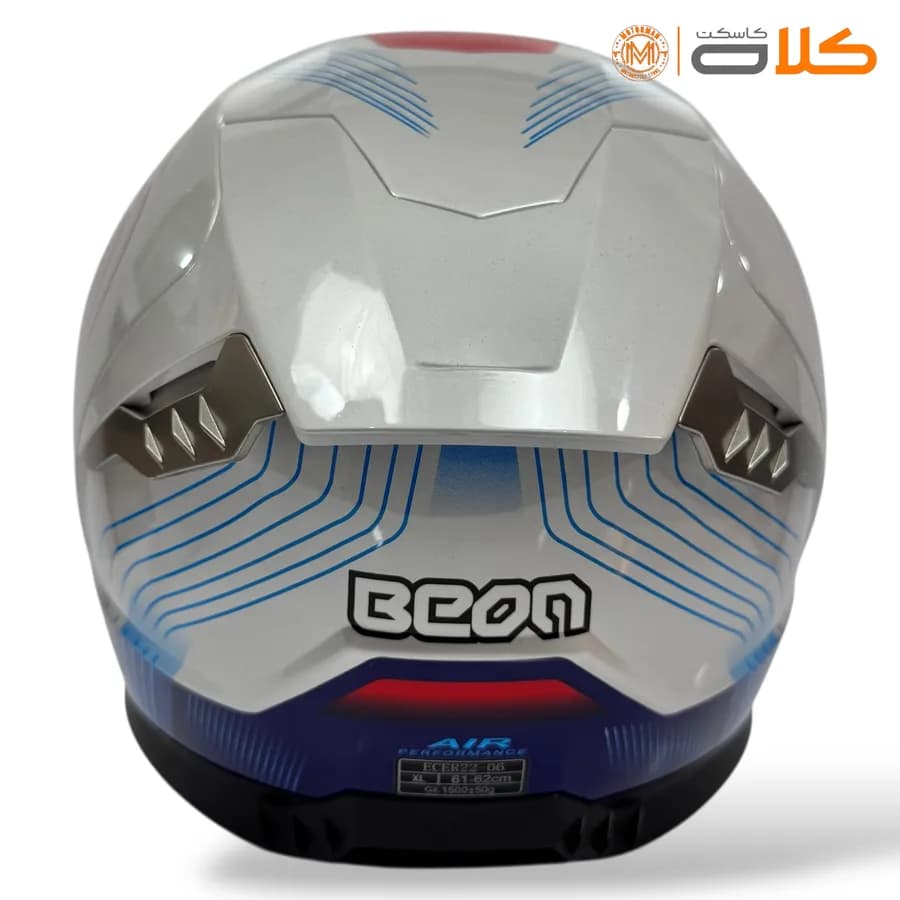 کلاه کاسکت فک ثابت بئون BEON سفید آبی طرح دار — تصویر ۷