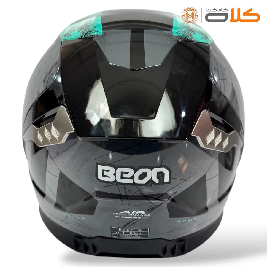 کلاه کاسکت فک ثابت بئون BEON مشکی طوسی فیروزه ای — تصویر ۷