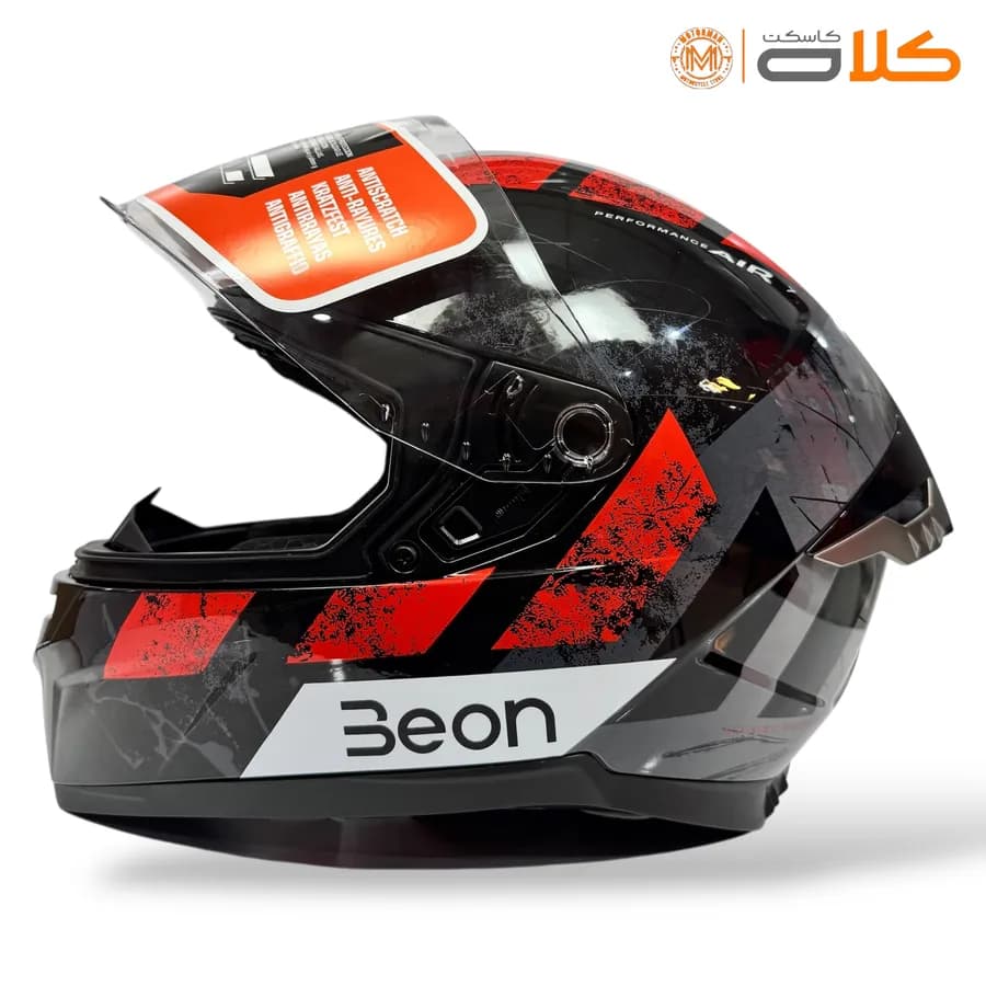 کلاه کاسکت فک ثابت بئون BEON مشکی قرمز طوسی — تصویر ۵
