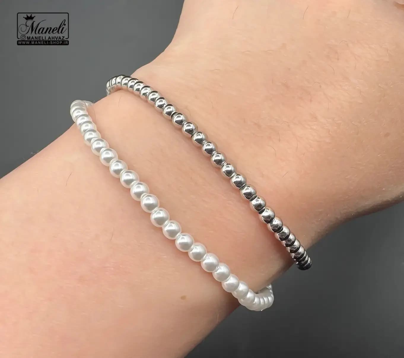 دستبند زنانه ژوپینگ دو لاین با مروارید سفید