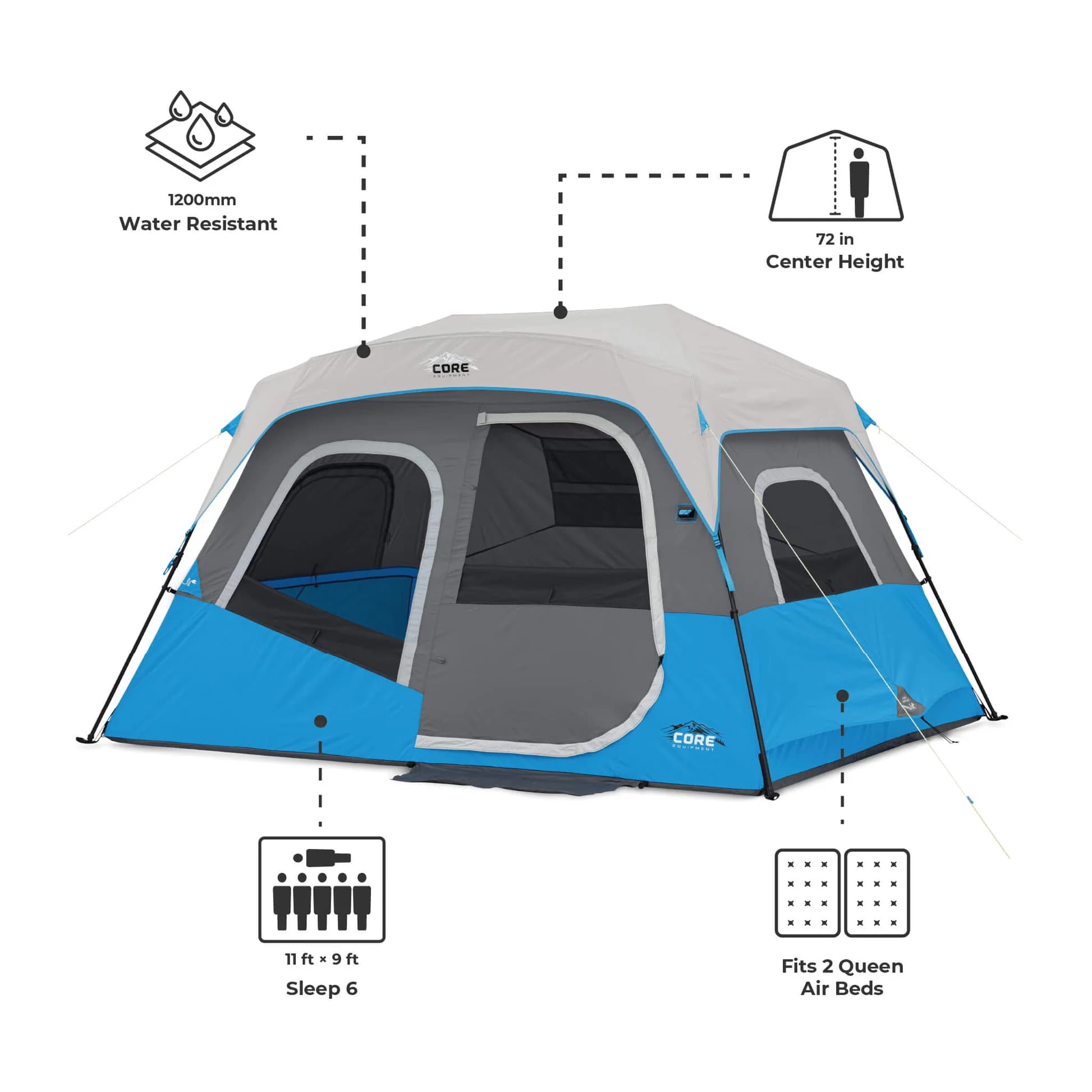 چادر اتومات کر – 6 نفره کمپینگ چراغ دار Core 6 Person Lighted Instant Cabin Tent — تصویر ۳