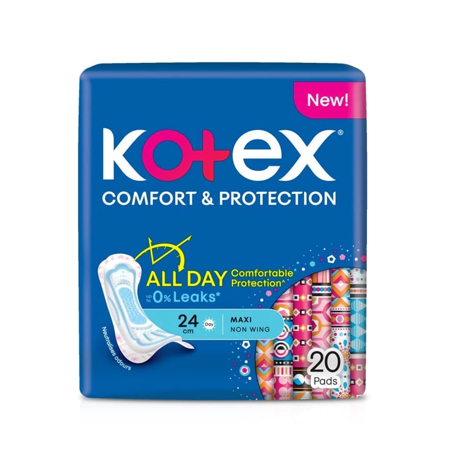 نوار بهداشتی بدون بال کوتکس Kotex Comfort & Protection Maxi Day سایز 24 سانتی‌متر بسته 20 عددی