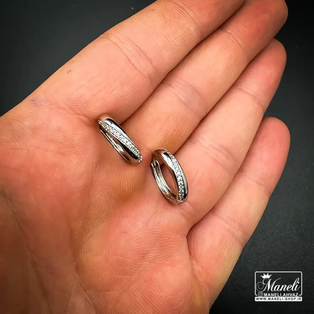 گوشواره ژوپینگ حلقه ای نقره ای نگین دار | ضدحساسیت — تصویر ۲