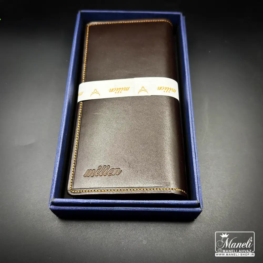 کیف پولی کتی ساده چرم طبیعی رنگ قهوه ای
