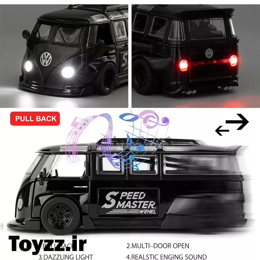 ماکت ماشین فلزی طرح فولکس واگن مدل Volkswagen Bus Transporter مشکی — تصویر ۶