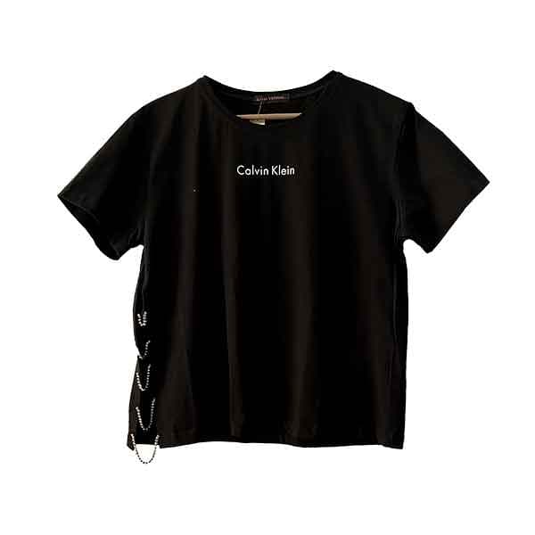 تیشرت مشکی زنانه Calvin Klein مدل بغل چاک نگین دار — تصویر ۳