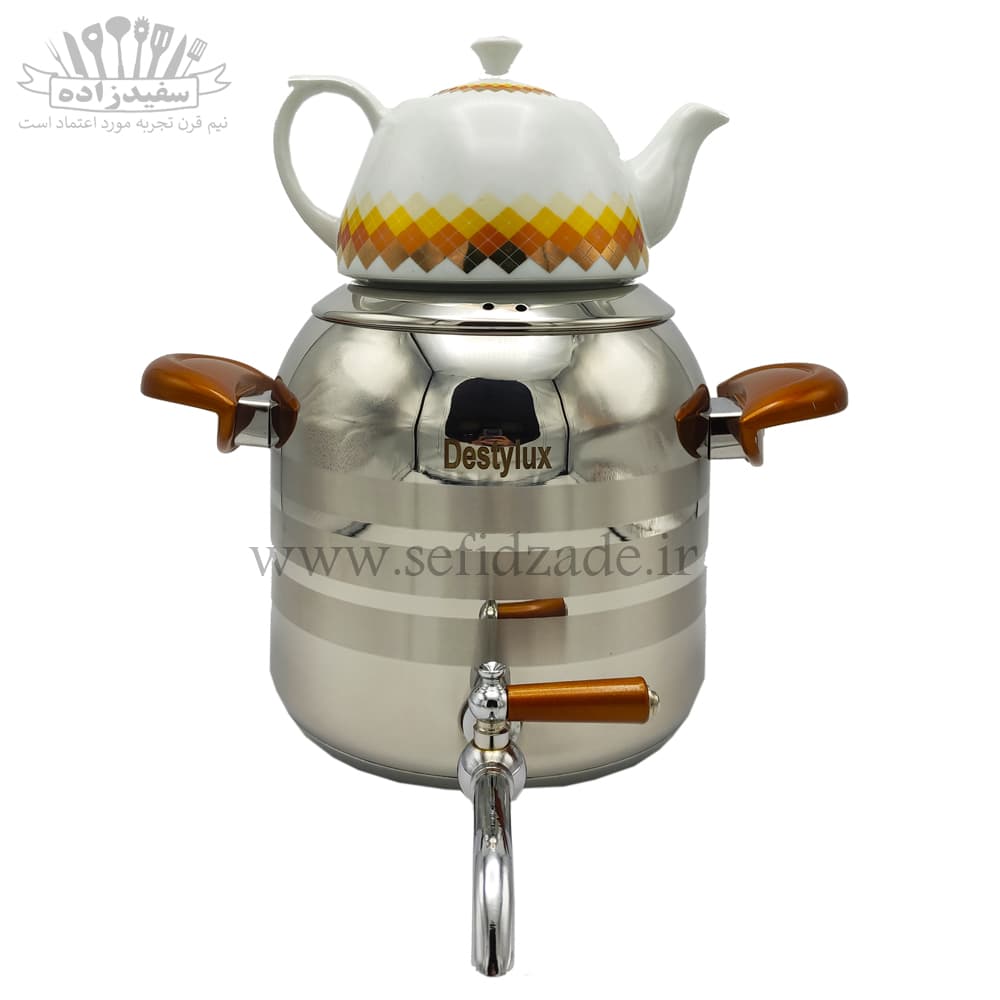 کتری و قوری استیل دستی لوکس دسته عسلی 5 لیتری
