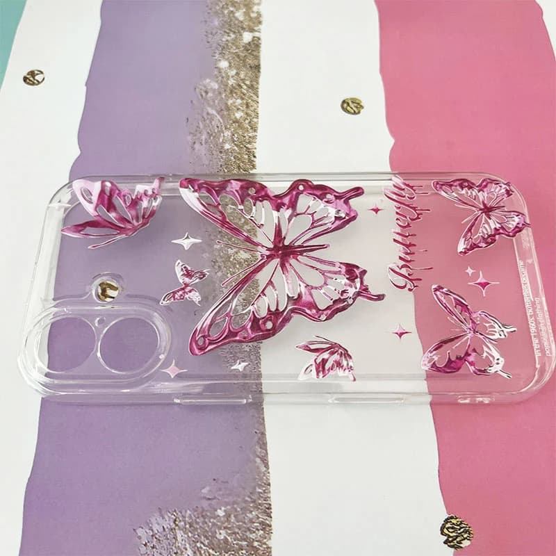 قاب گوشی iPhone 17 آیفون شفاف طرح پروانه صورتی کد 902