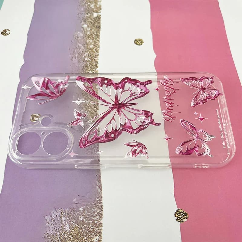 قاب گوشی iPhone 16 آیفون شفاف طرح پروانه صورتی کد 902
