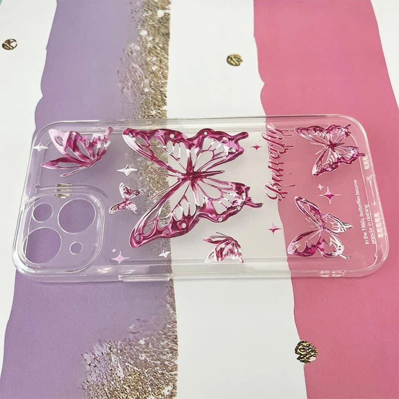 قاب گوشی iPhone 13 آیفون شفاف طرح پروانه صورتی کد 902