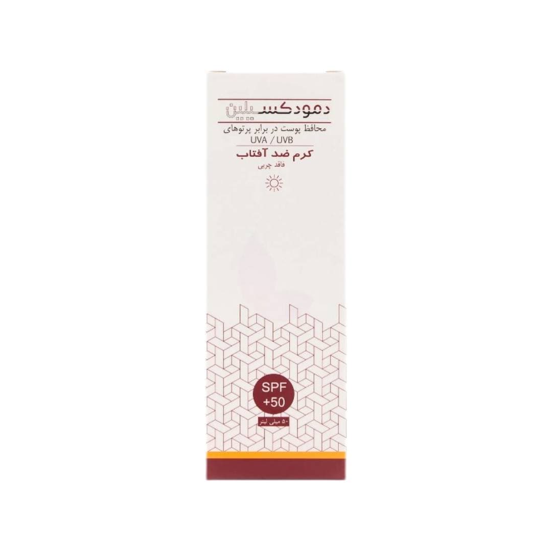 کرم ضد آفتاب رنگی رز بژ فاقد چربی دمودکسیلین Demodexcilin با SPF50+ مدل Medium حجم 50 میل