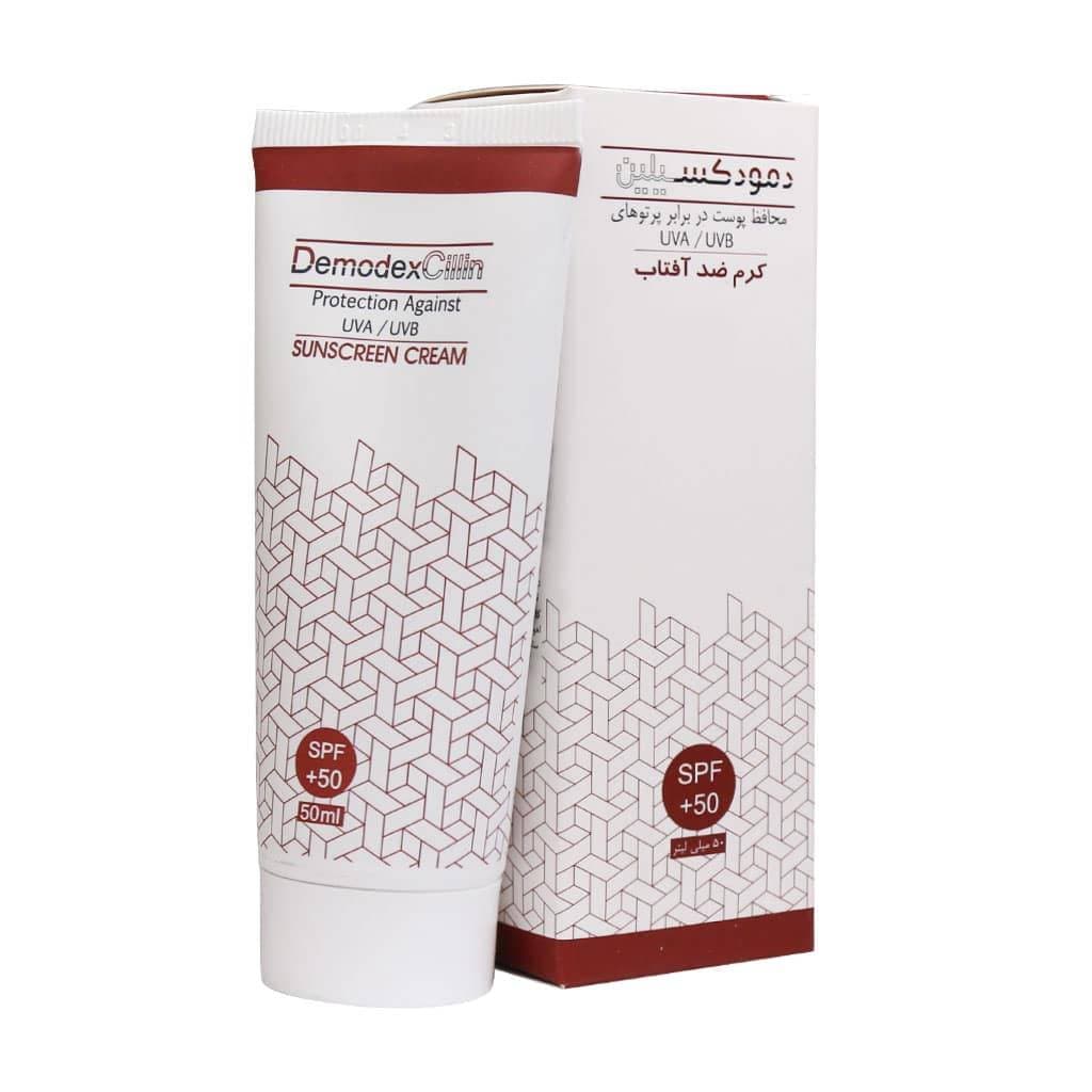 کرم ضد آفتاب رنگی رز بژ فاقد چربی دمودکسیلین Demodexcilin با SPF50+ مدل Medium حجم 50 میل — تصویر ۲