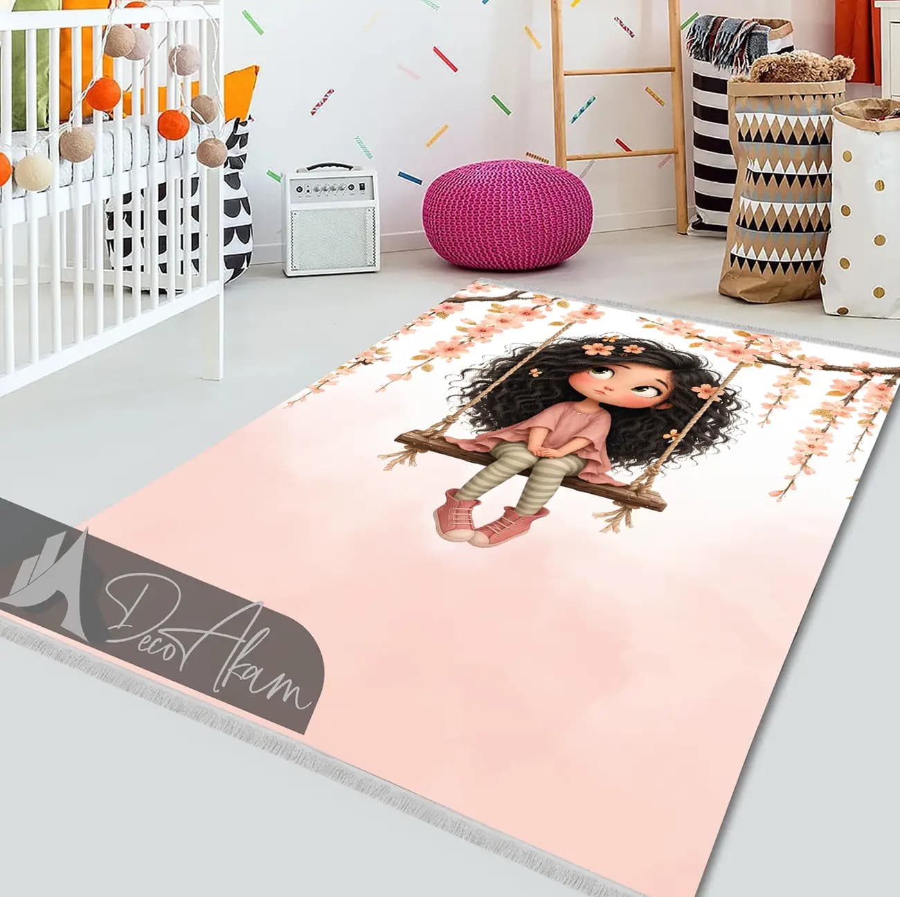 فرشینه دخترانه دختر روی تاب DA-9004 | فرش اتاق کودک — تصویر ۲
