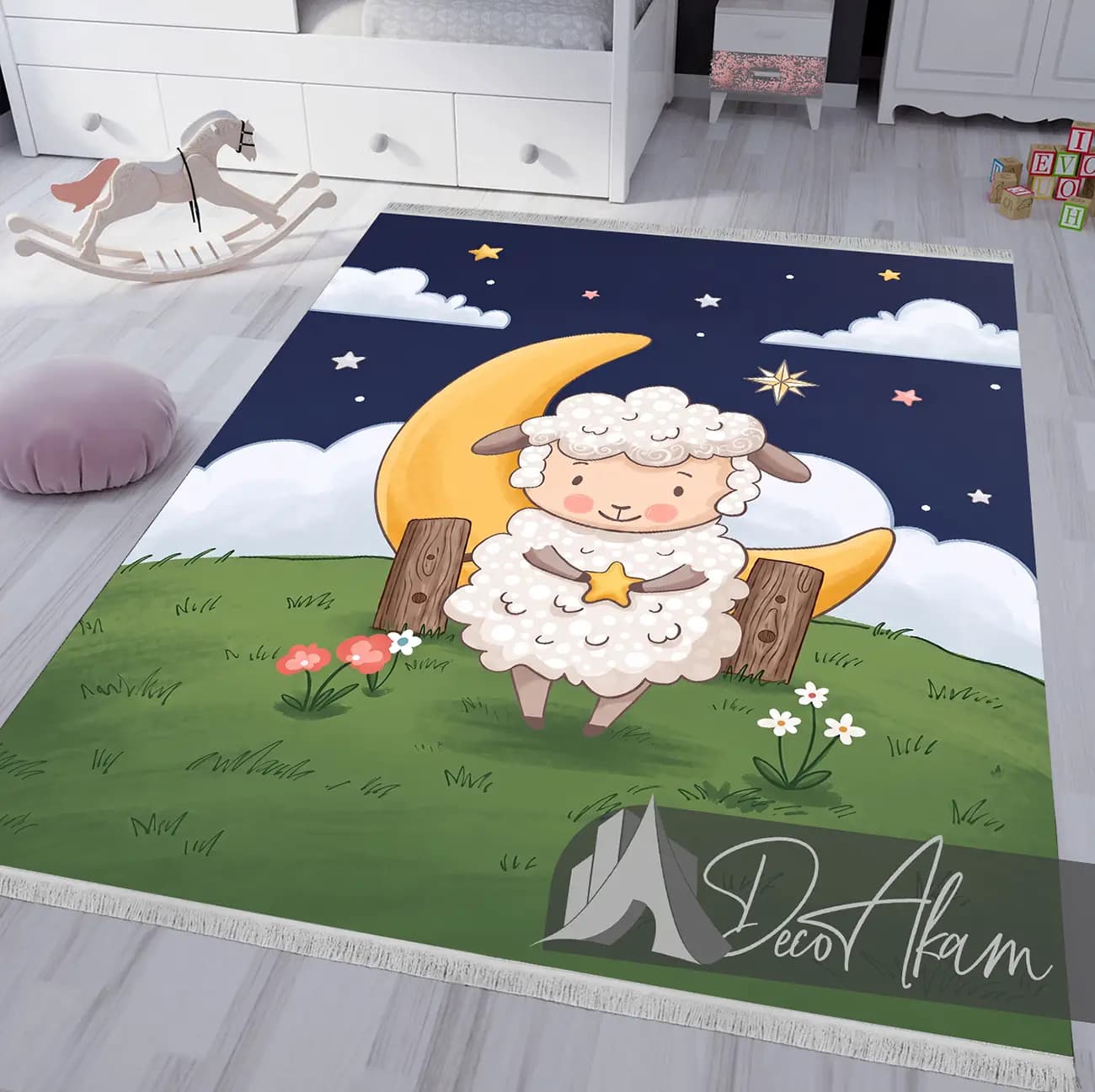 فرشینه حیوانات کودک طرح بره و ماه کد DA-6046 | مناسب اتاق نوزاد