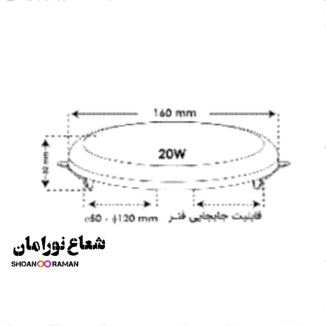چراغ توکار فولایت سایزشو 20 وات دایره‌ای پارس شعاع توس — تصویر ۲