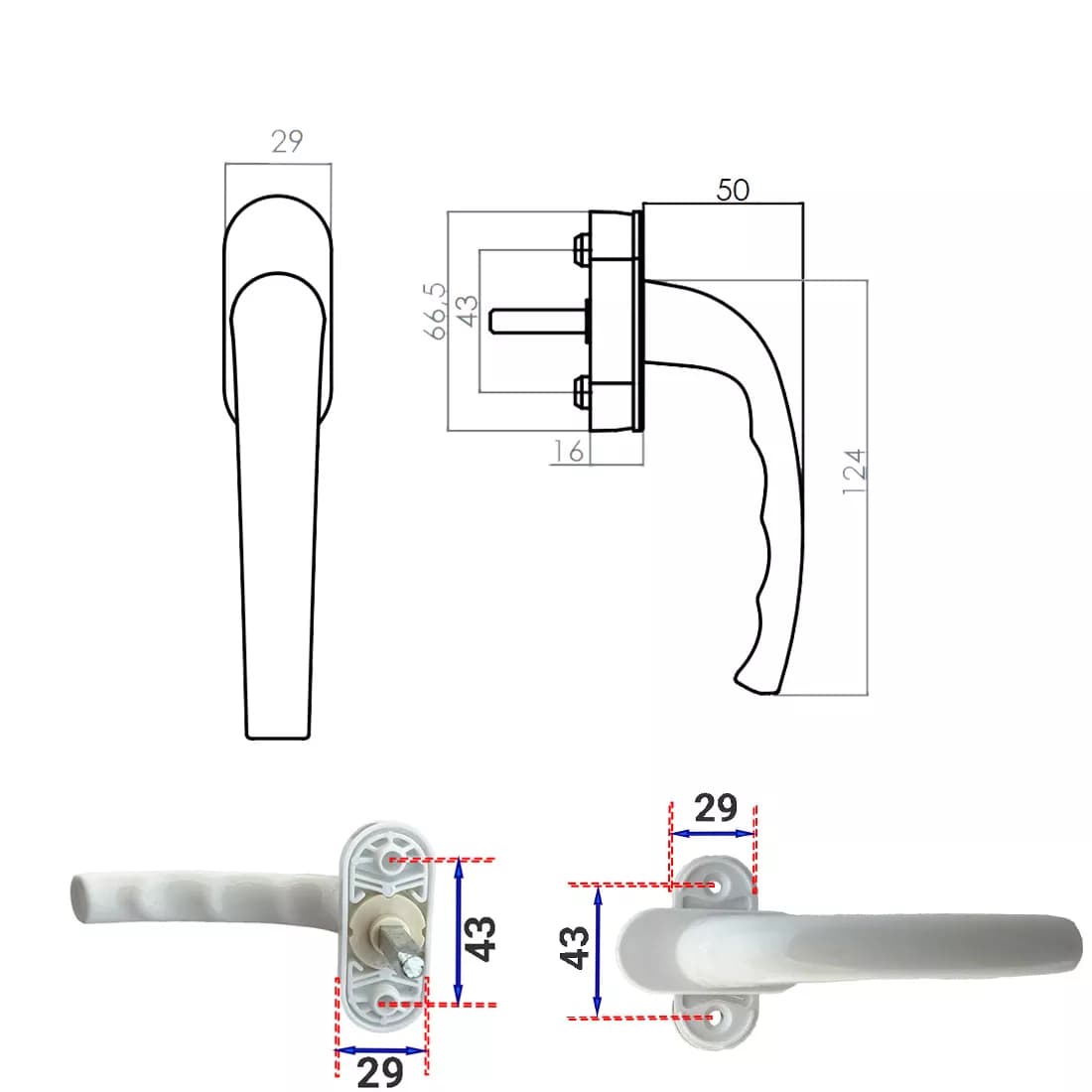 دستگیره پنجره UPVC پلیمری مدل اکونومی — تصویر ۳