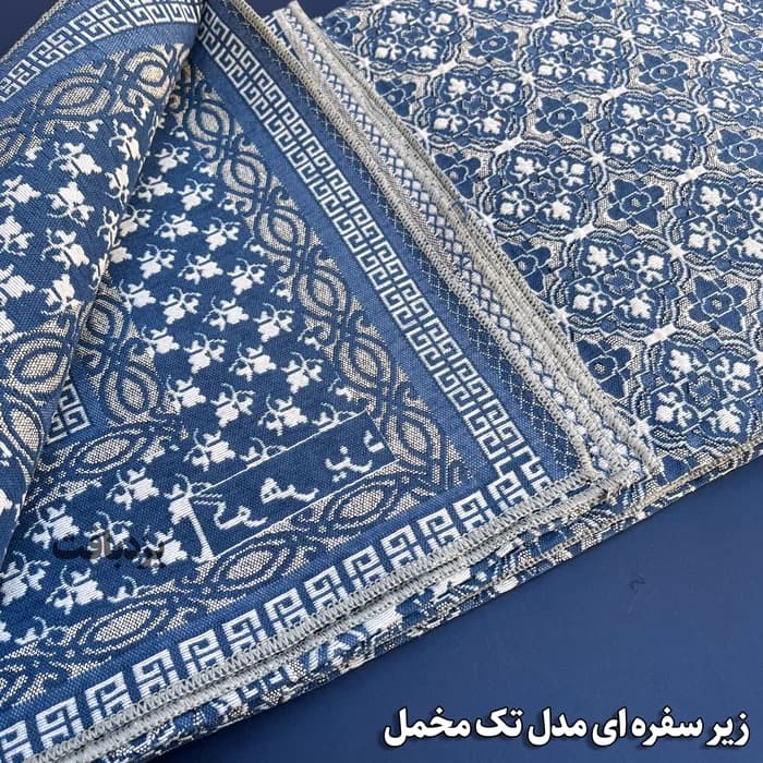 زیر سفره ای یزدی سه متری طرح زمرد رنگ آبی سفید — تصویر ۵