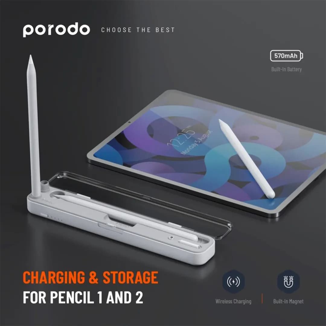 پایه نگه‌دارنده و شارژر وایرلس قلم لمسی پرودو Porodo Wireless Charging &amp; Storage — تصویر ۳