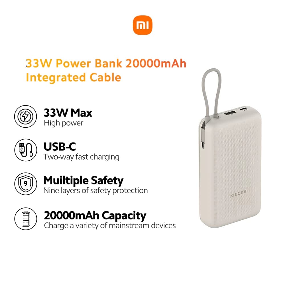 پاوربانک شیائومی مدل Xiaomi 33w Power Bank 20000mah Integrated Cable PB2030MI — تصویر ۴