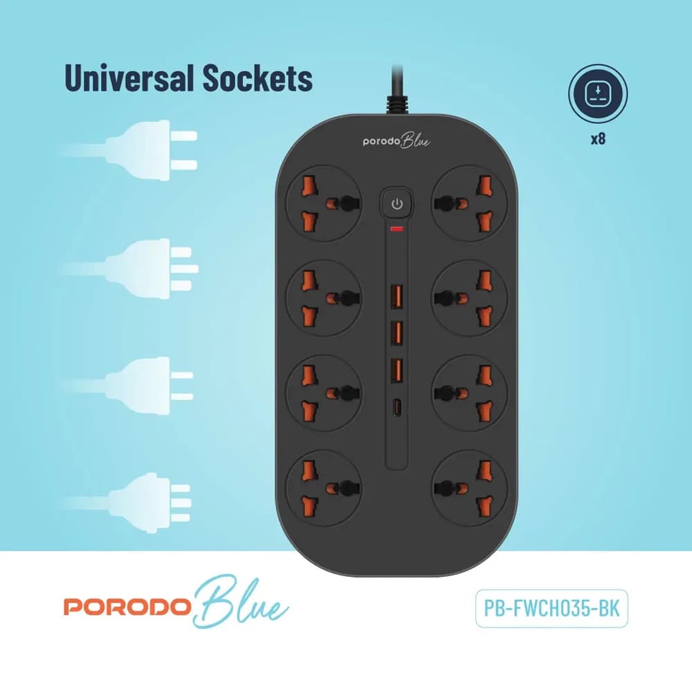 چند راهی برقی پرودو مدل Porodo Blue 8 AC Power Strip PB-FWCH035-BK — تصویر ۲