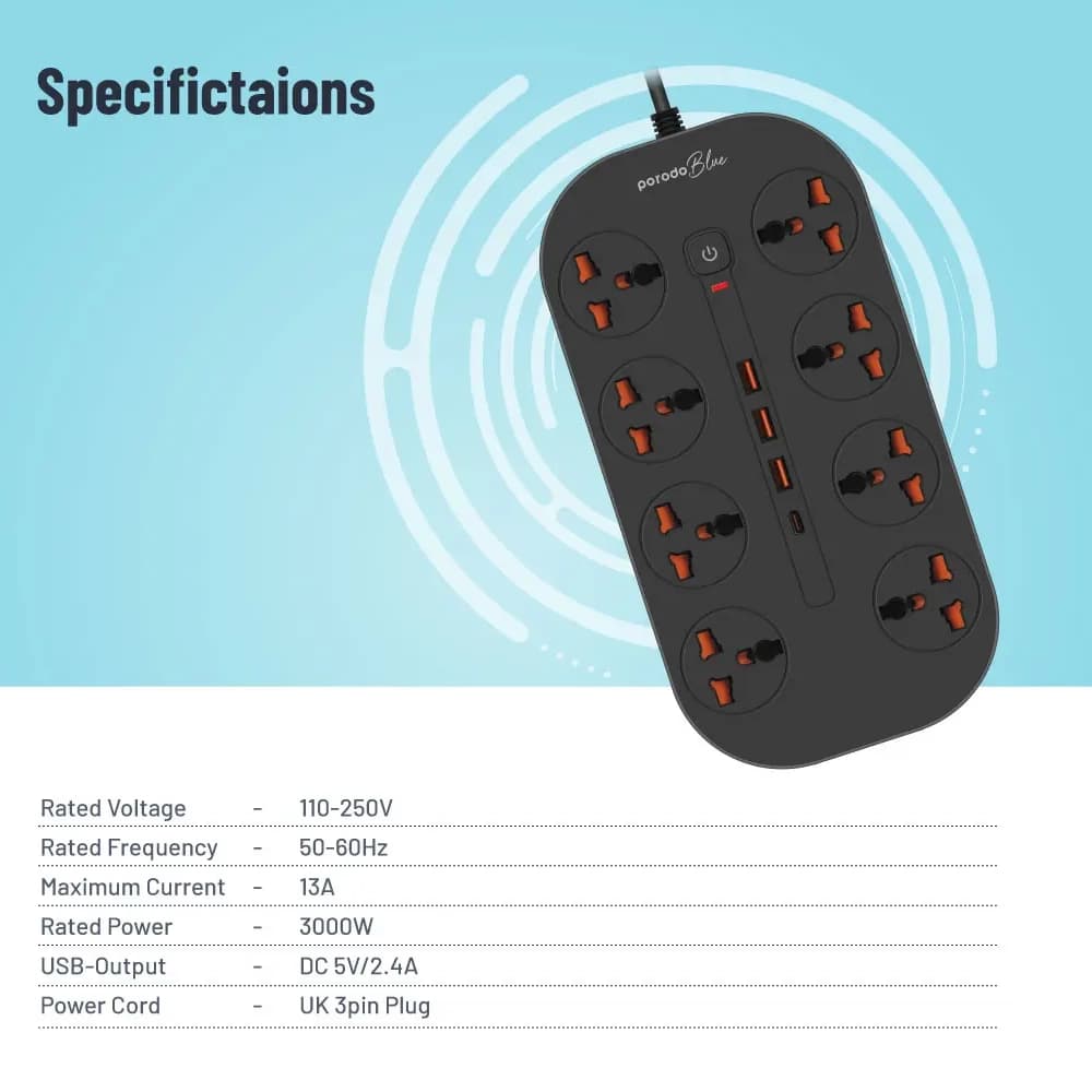 چند راهی برقی پرودو مدل Porodo Blue 8 AC Power Strip PB-FWCH035-BK — تصویر ۵