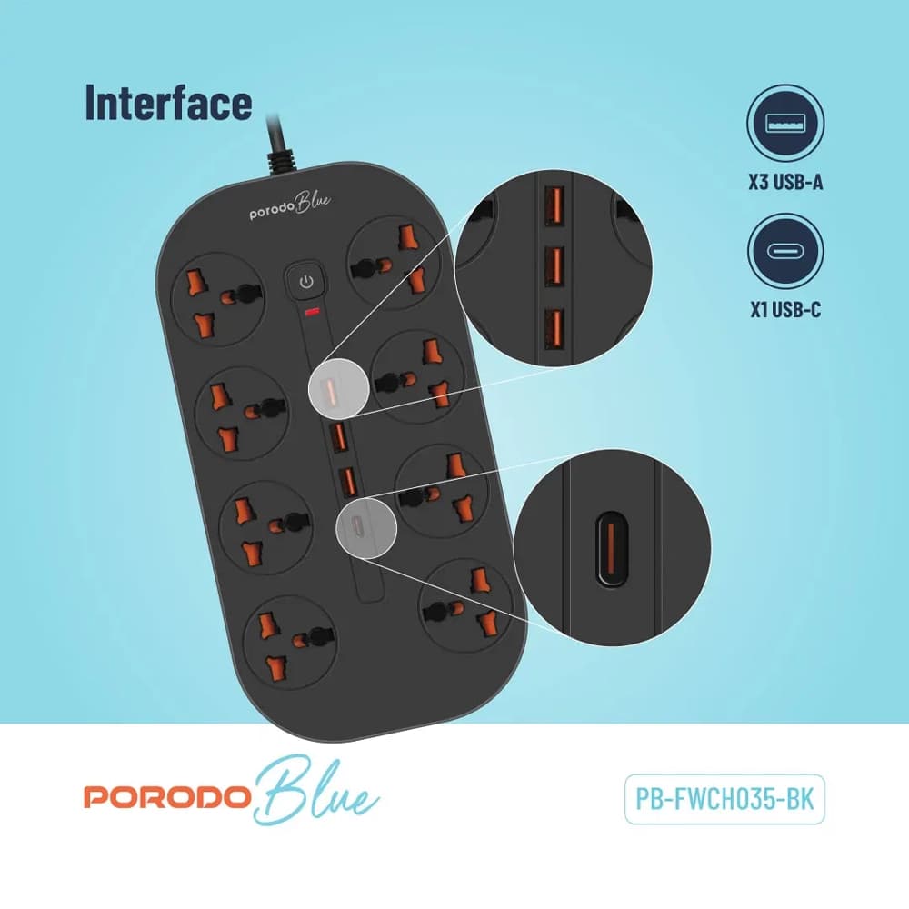 چند راهی برقی پرودو مدل Porodo Blue 8 AC Power Strip PB-FWCH035-BK — تصویر ۳
