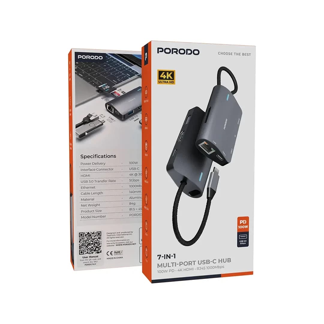هاب پرودو مدل Porodo 7-IN-1 Multi Port USB-C Hub PDRDS71GY — تصویر ۳