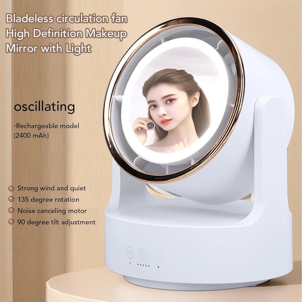 پنکه رومیزی چند منظوره و آينه او ای ام مدل 3In1 Multifunctional Desktop Fan with LED Light Cosmetic — تصویر ۲