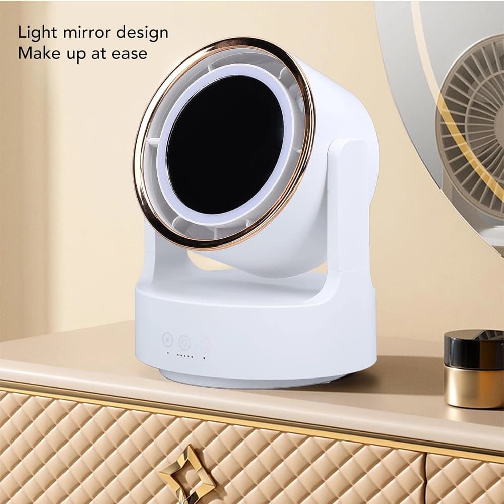 پنکه رومیزی چند منظوره و آينه او ای ام مدل 3In1 Multifunctional Desktop Fan with LED Light Cosmetic — تصویر ۴