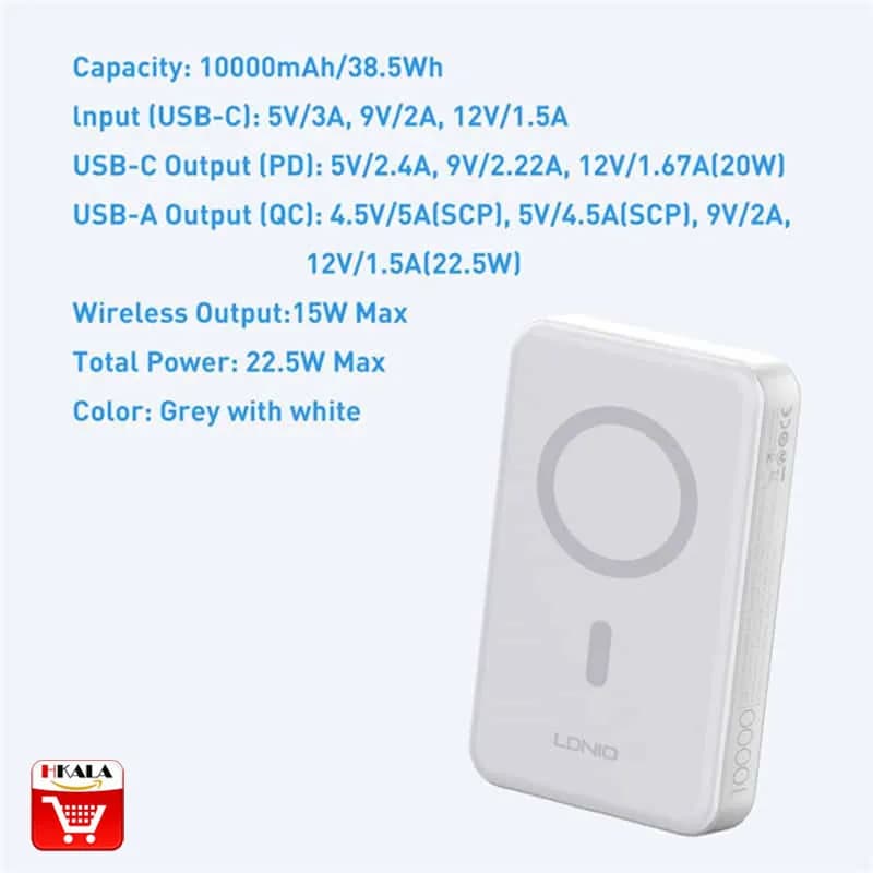 پاوربانک وایرلس مگنتی 22.5 وات 10000 الدینیو LDNIO Magnetic Wireless Power Bank PQ16 — تصویر ۳