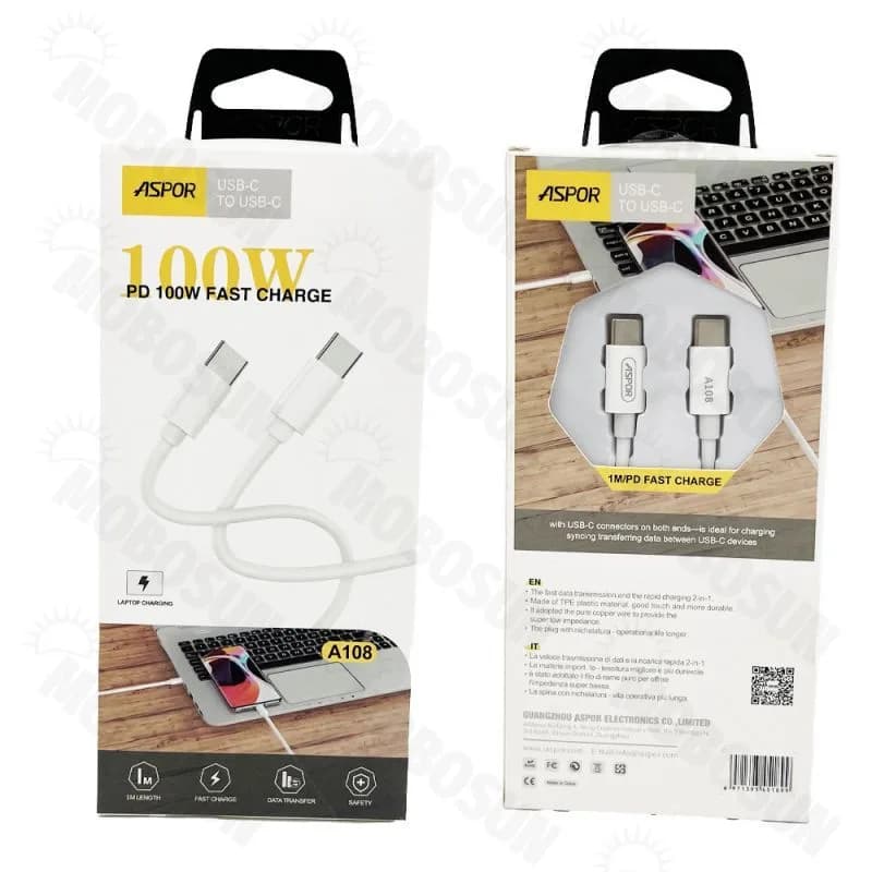 کابل دو سر تایپ سی سوپرفست شارژ آسپور مدل A108 توان 100W اورجینال