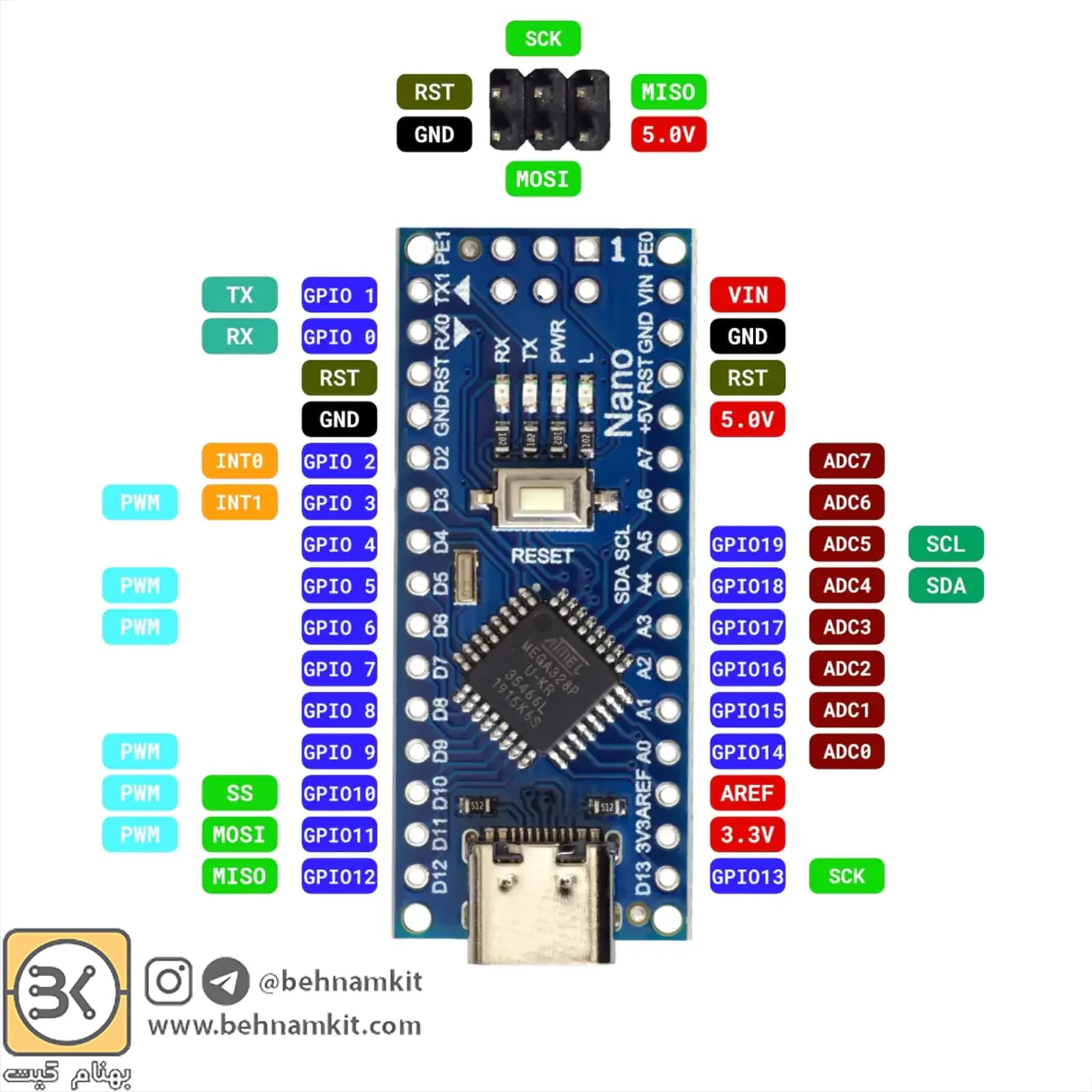 برد آردوینو نانو Arduino Nano CH340 با رابط USB Type-C — تصویر ۲