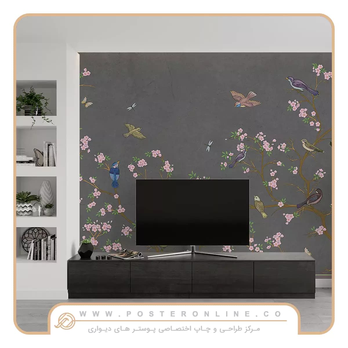 پوستر دیواری پشت تلویزیون طرح پرنده و شکوفه کد mt-85102