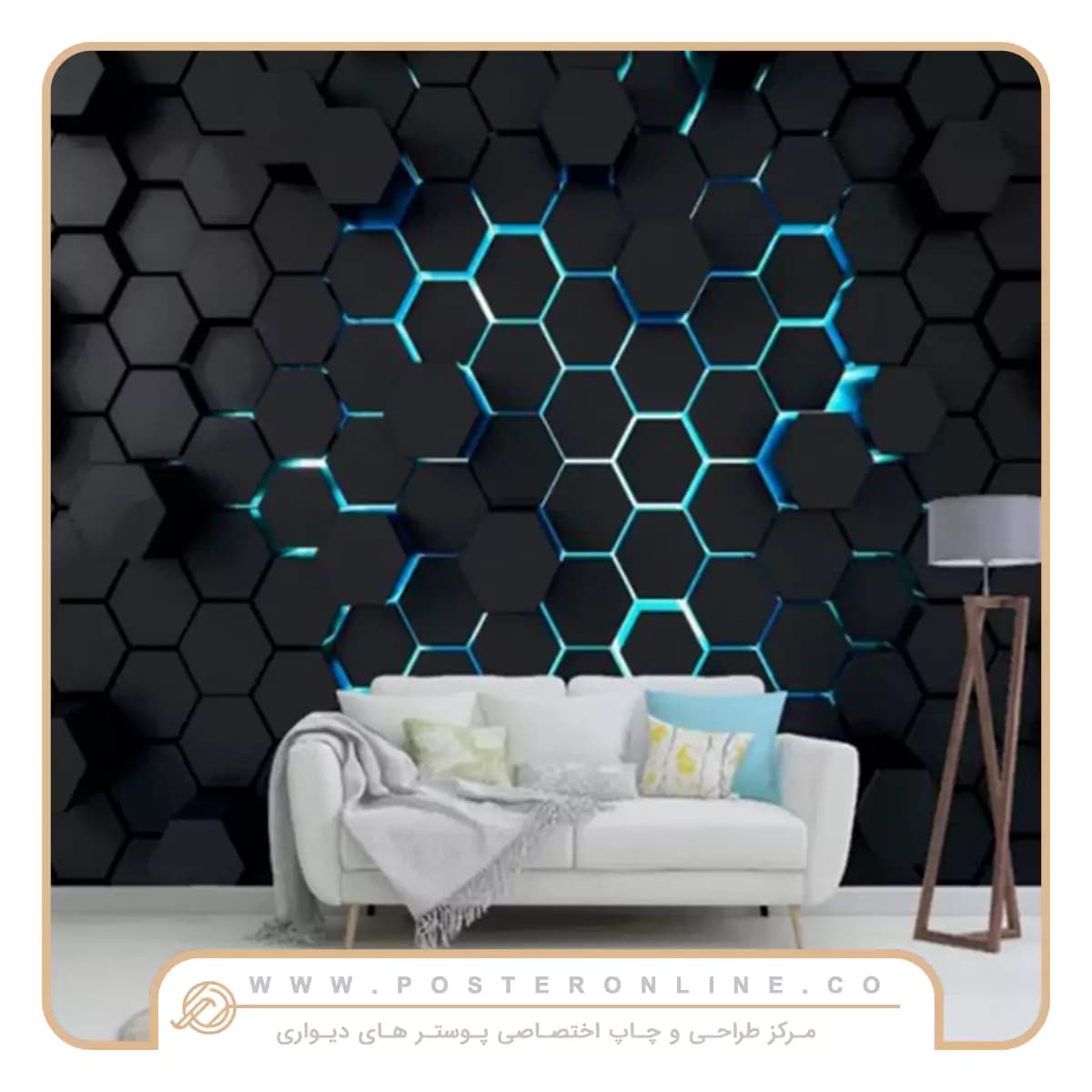 پوستر دیواری سه بعدی شش ظلعی مشکی و آبی کد mt-85011