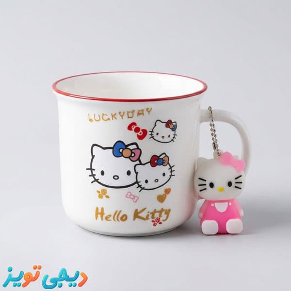 ماگ سرامیکی هلو کیتی طرح عروسکی + آویز عروسکی (Hello Kitty Ceramic Mug)