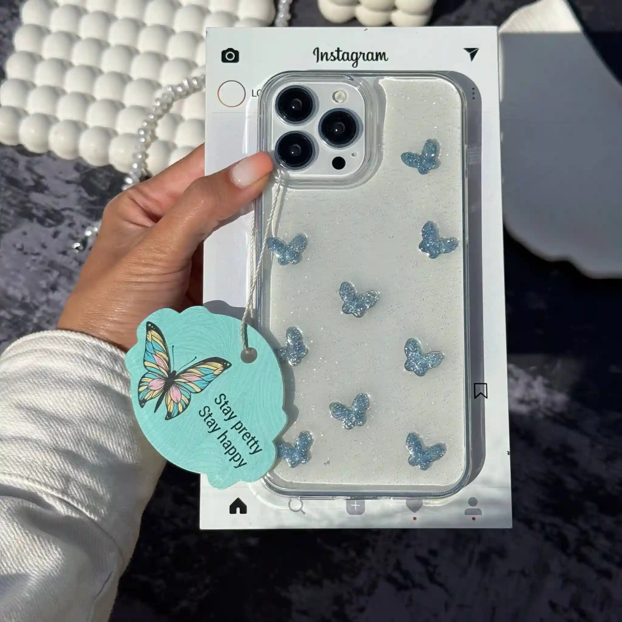 قاب پروانه شاین آبی مدل butterfly Glitter crystal برای IPHONE 13/14