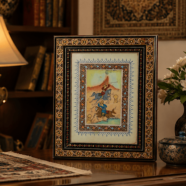 قاب خاتم کاری اصفهان به همراه فیبر نقاشی مینیاتور ۱۸در۲۳