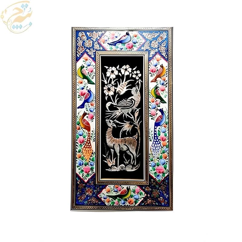 تابلو قلمزنی رومیزی با قاب خاتم کاری گل و بلبل 20در35 — تصویر ۲