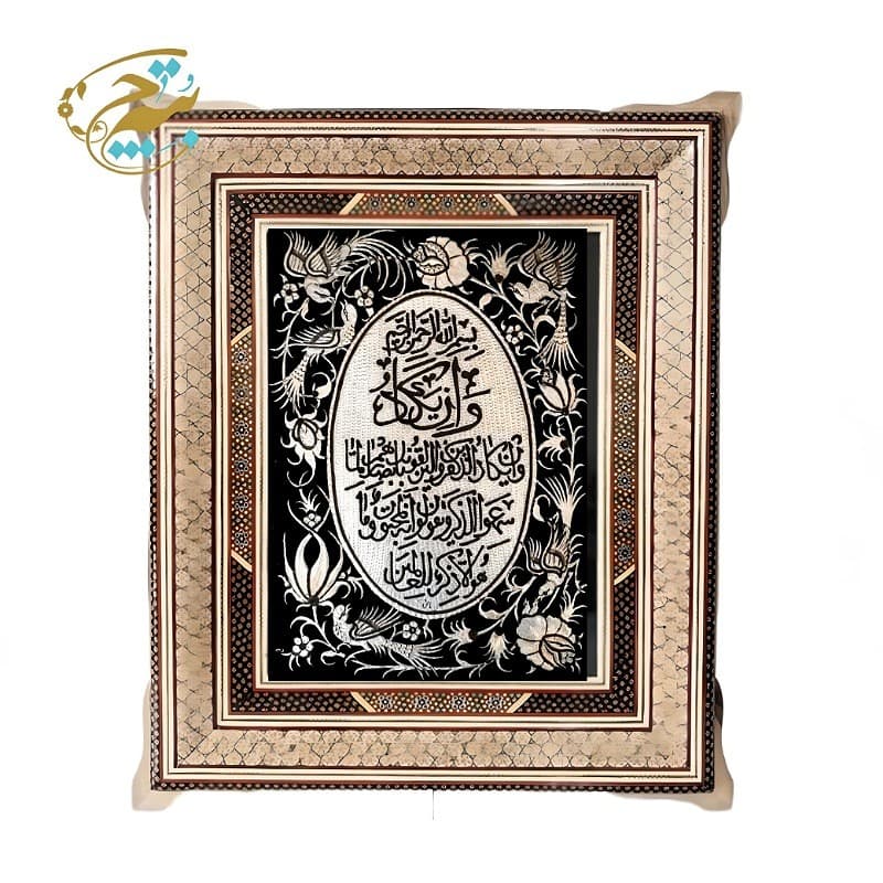 تابلو قلم زنی گل و مرغ با قاب خاتم کاری ترنج با سایز 53 در 63 سانتی متری