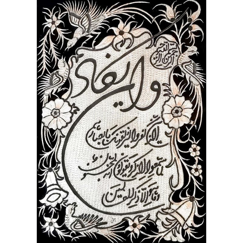تابلو قلم زنی گل و مرغ با قاب خاتم کاری ترنج با سایز 53 در 63 سانتی متری — تصویر ۴