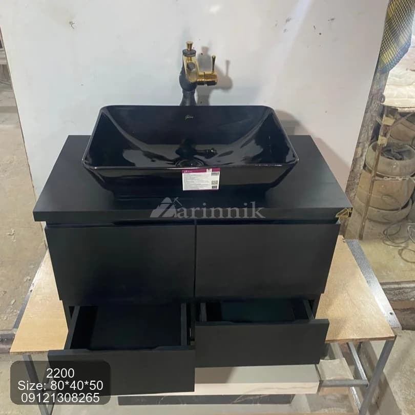 روشویی کابینتی مشکی با کابین دودر و دو کشو کد ZN2200 — تصویر ۵